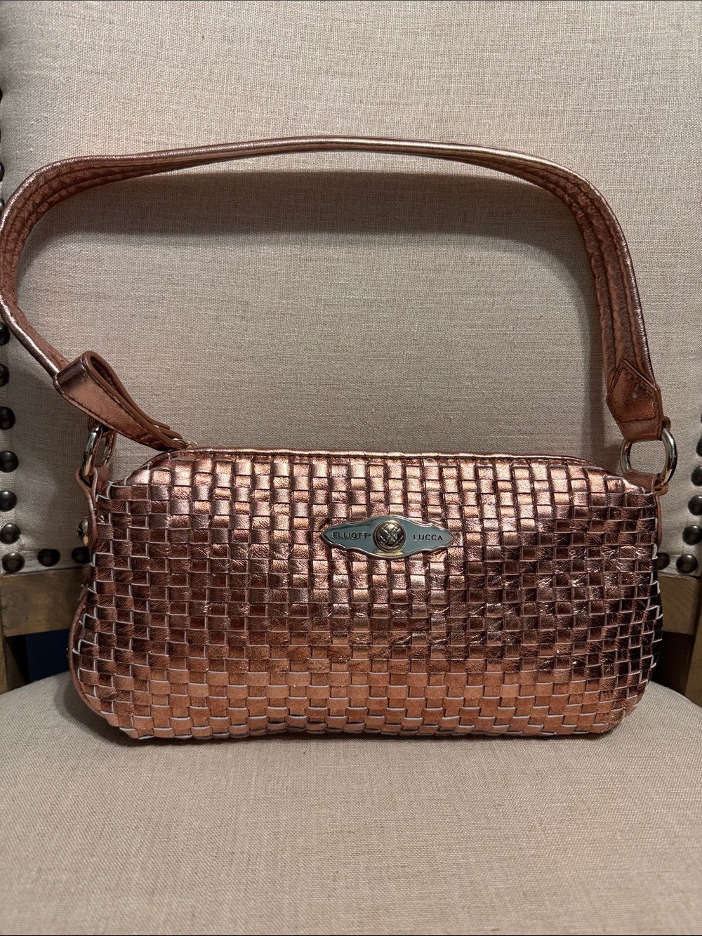 Elliott Lucca Metallic Copper Woven Leather Shoulder Bag